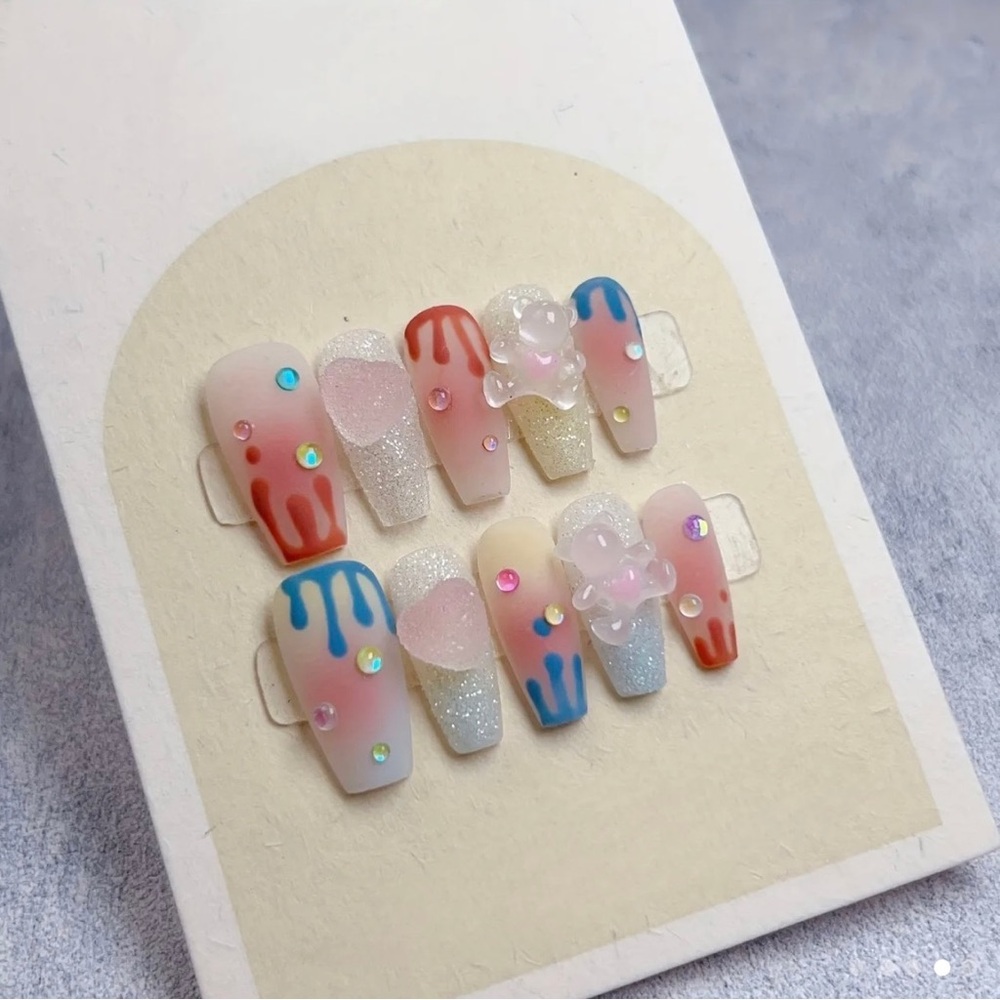 Handmade press-on matte nails w/color drops & candy charms(Free glue included!)